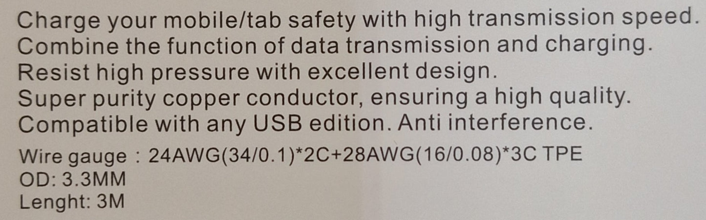 Fast Charging IOS Lightning 2.4A Output Cable - 3 meters