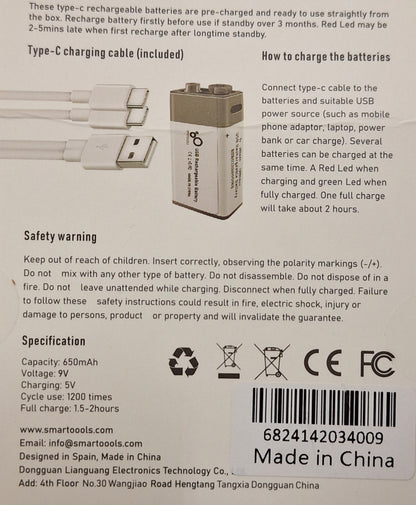 Smart Tools 9V 650mAh Rechargeable Type C Battery