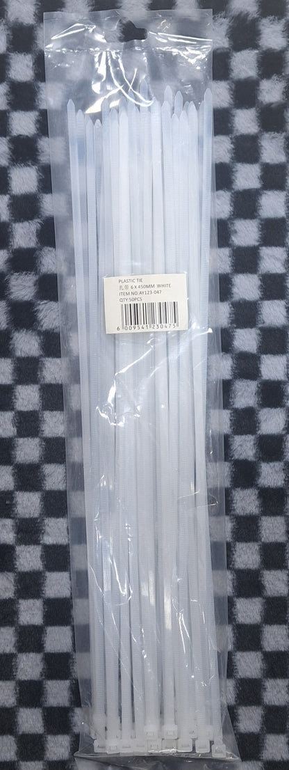 6x450mm White Cable Plastic Ties - 50pcs