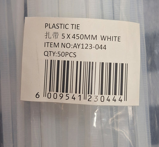 5x450mm White Cable Plastic Ties - 50pcs