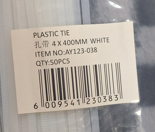 4x400mm White Cable Plastic Ties - 50pcs