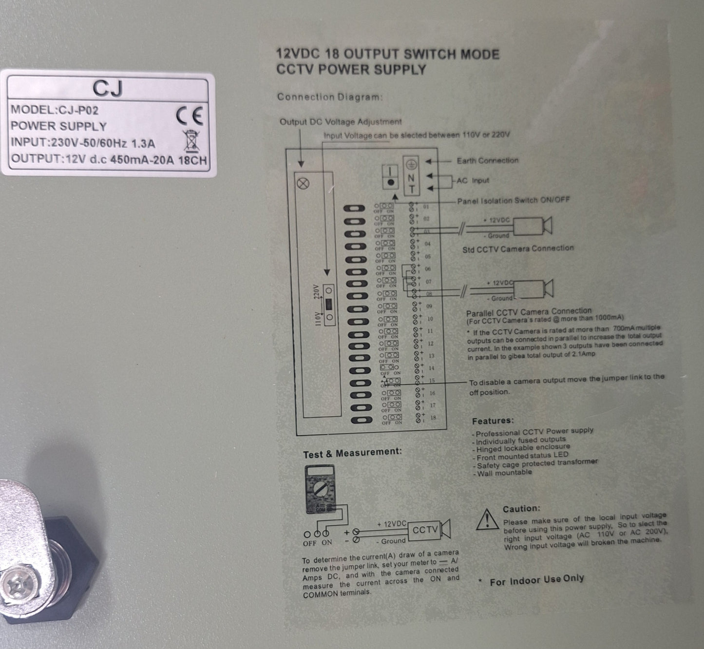 CJ 12VDC Output Switch Mode CCTV Power Supply