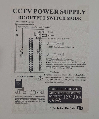 12V 30A CCTV Power Supply DC Output Switch Mode