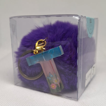 Custom Resin Letter Keychain With a Purple Pom Pom - T