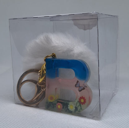 Custom Resin Letter Keychain With a White Pom Pom - B