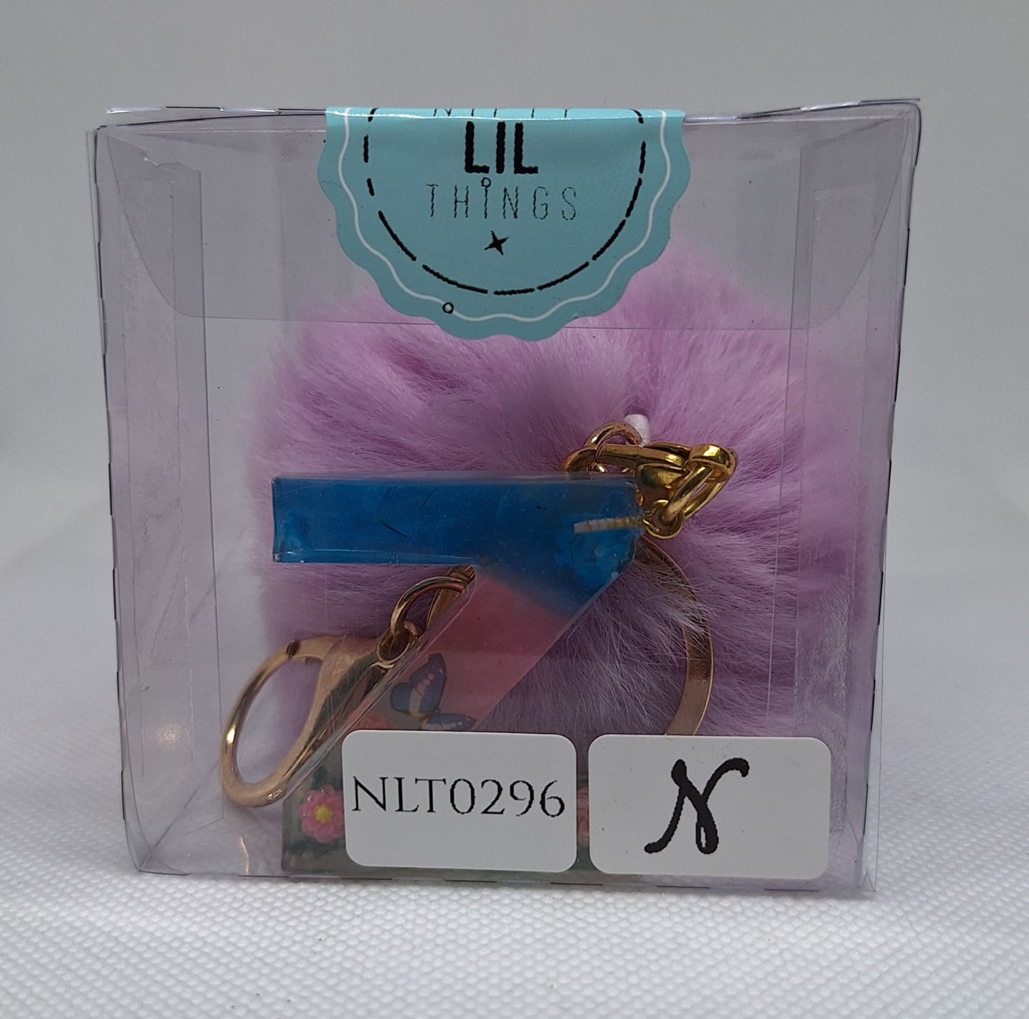 Custom Resin Letter Keychain With a Purple Pom Pom - N