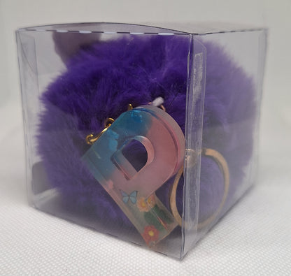 Custom Resin Letter Keychain With a Purple Pom Pom - P