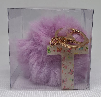 Custom Resin Letter Keychain With a Purple Pom Pom - T