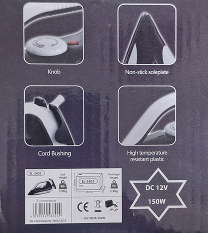 High-Performance 150W 12V DC Electric Steam Iron – Perfect for Portable & Travel Use