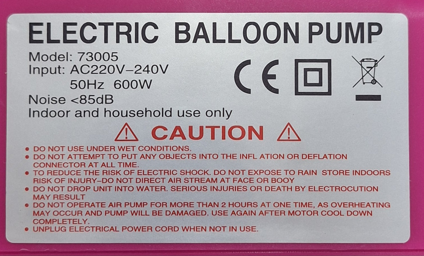 Electric Balloon Pump AC 220V-240V, 600W – Efficient, High-Powered Balloon Inflator for Parties and Events