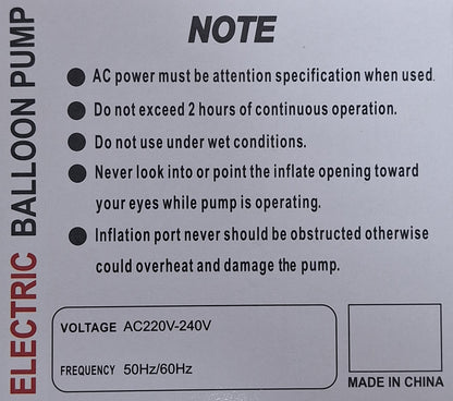 Electric Balloon Pump AC 220V-240V, 600W – Efficient, High-Powered Balloon Inflator for Parties and Events
