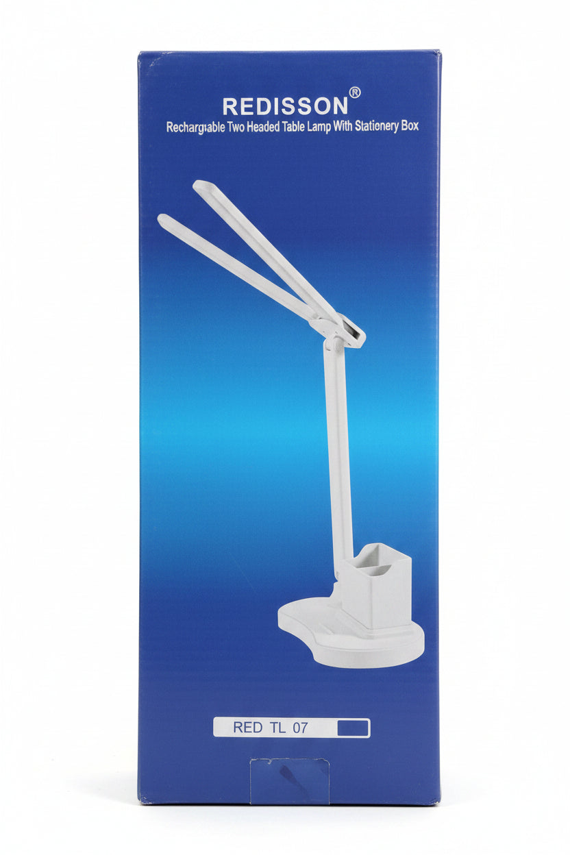 Redisson Rechargeable Two Headed Table Lamp With Stationery Box