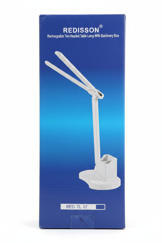 Redisson Rechargeable Two Headed Table Lamp With Stationery Box