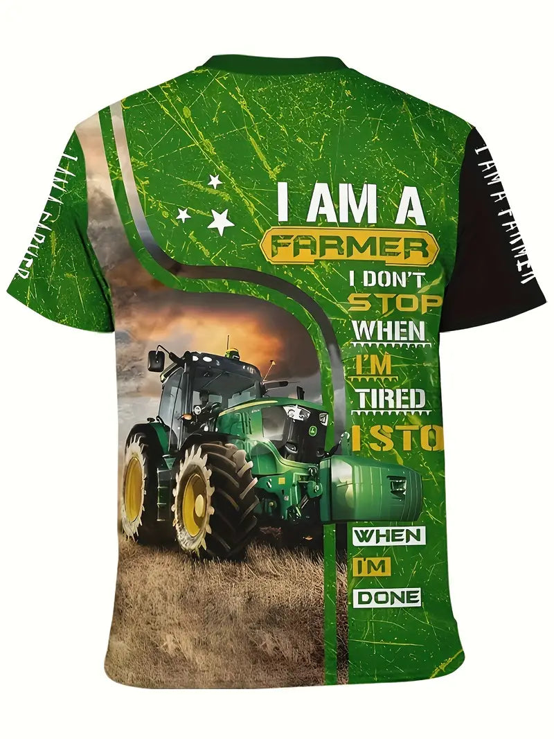 Graphic Letter Tractor Print Crew Neck Short Sleeve T-Shirt