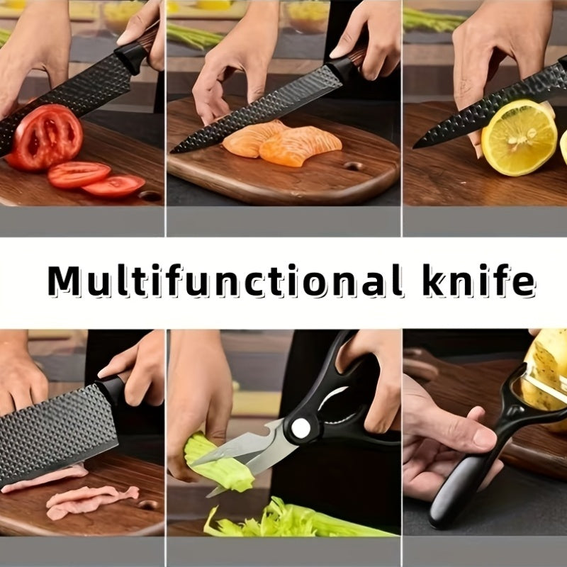 Set of six stainless steel kitchen knives from Temu, including chef, paring, and bread knives on a wooden cutting board.