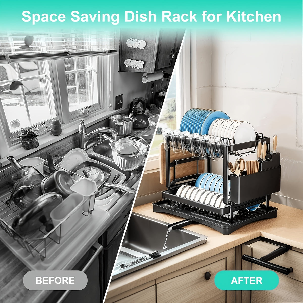 Temu 2-Tier Dish Drying Rack for kitchen counter with space for dishes, utensils, and drying accessories.