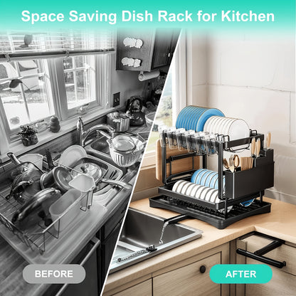 Temu 2-Tier Dish Drying Rack for kitchen counter with space for dishes, utensils, and drying accessories.