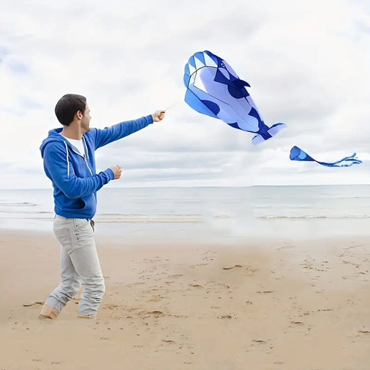 Large 3D Whale Kite - Soft, Durable Polyester in Blue with Matching Tail