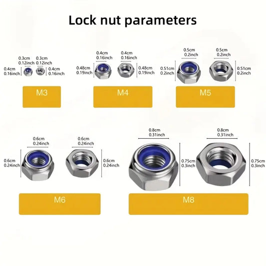 210pcs anti-lock hexagonal nuts - anti-slip designed full-thread fasteners
