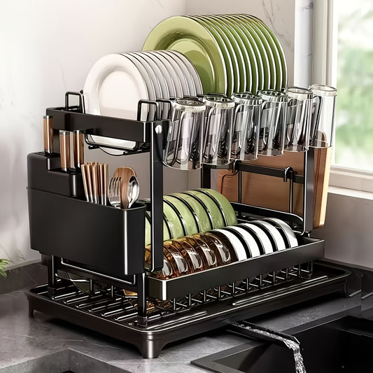 2-Tier Dish Drying Rack for Kitchen Counter, Dish Rack, Kitchen Rack, Kitchen Storage Rack, Storage Rack, Detachable Large Capacity Drainboard, Kitchen Countertop Dish Drainer with Drainboard, Golden Metal Kitchen Dish Rack with Drain Device