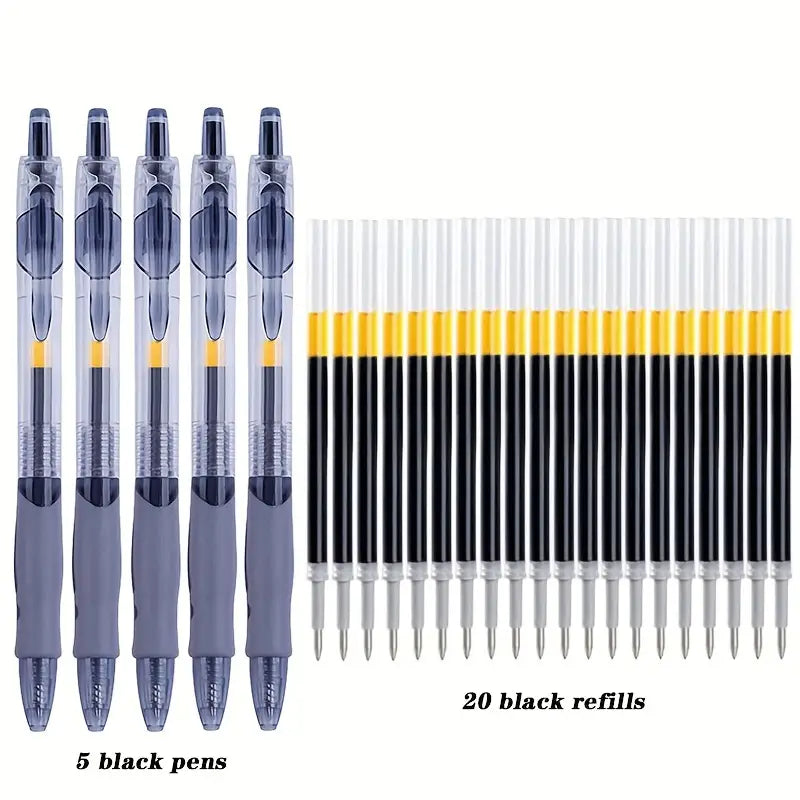 25pcs Retractable Gel Pens - 0.5m Fine Point with Refills Black Pens