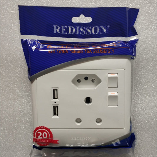 REDISSON 4x4 Double Switched Wall Socket with 2 USB Ports - Electromann SA