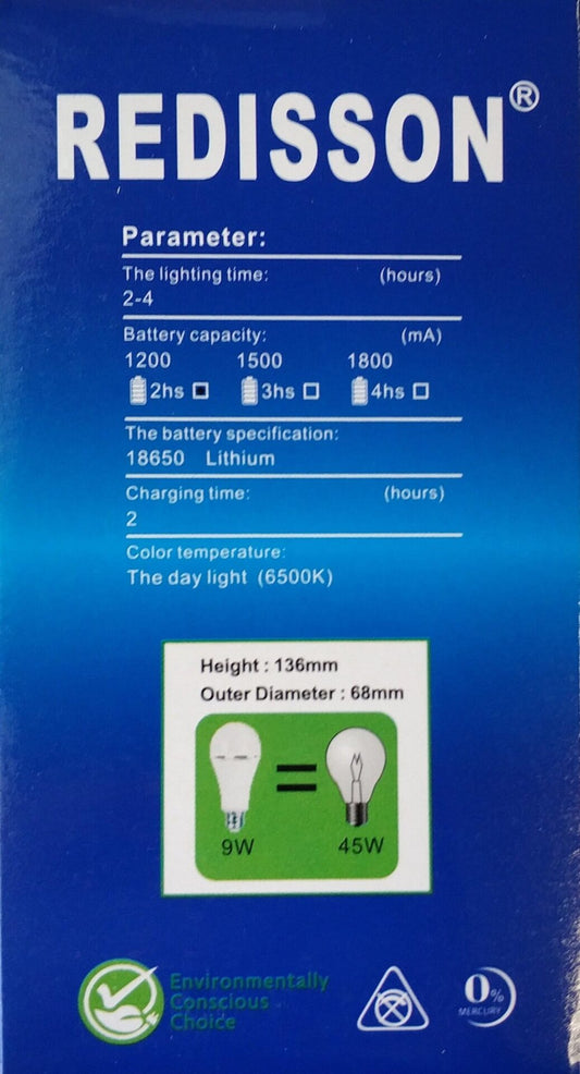 REDISSON 9 watt B22 Super Bright Smart Rechargeable Emergency LED bulb - Electromann SA