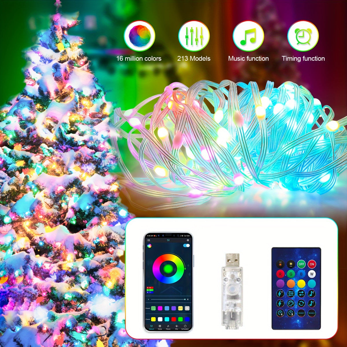 Colorful RGBIC leather wire smart fairy lights from Temu with app control, perfect for decorative indoor or outdoor lighting.