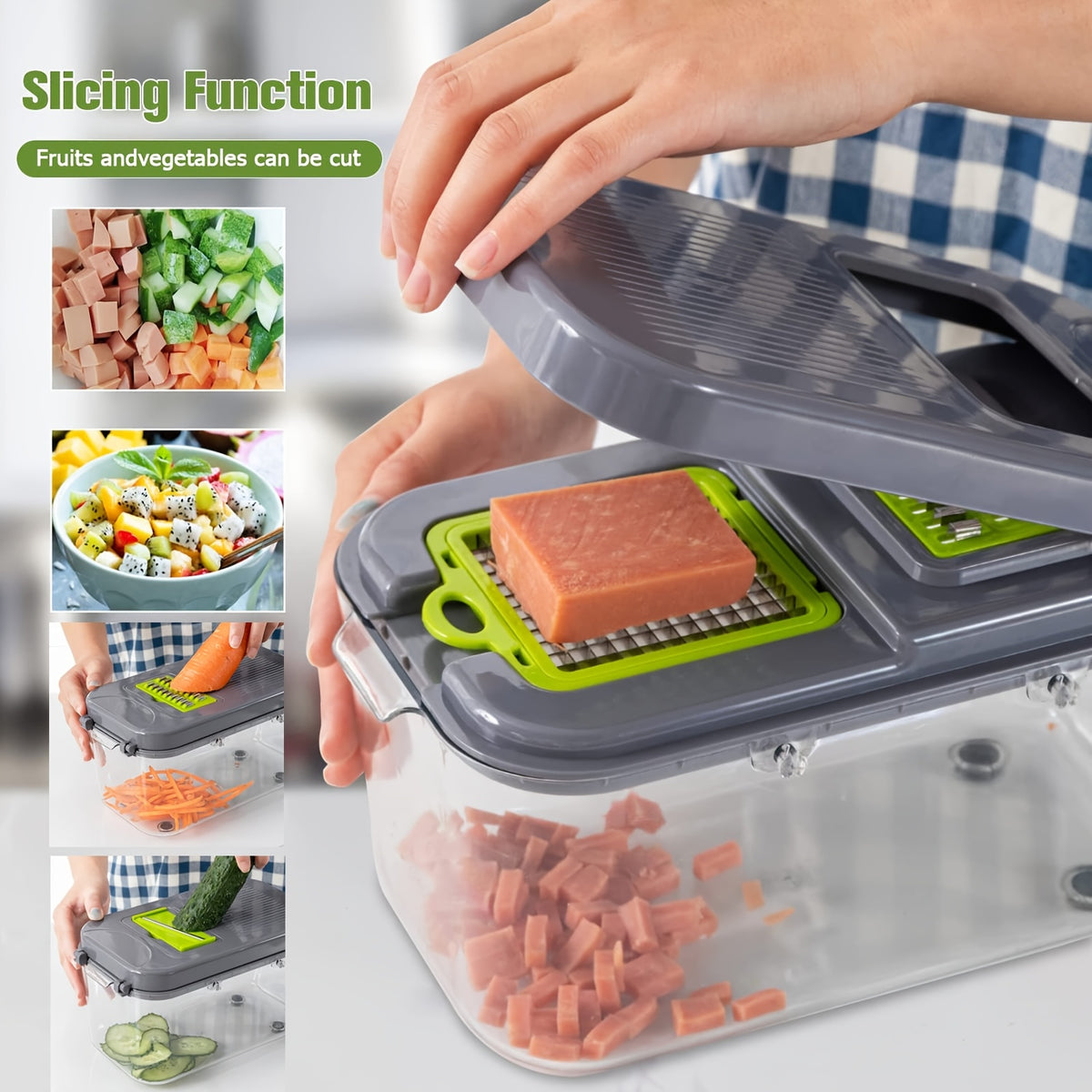 Temu 22-in-1 vegetable chopper with multiple blades and compartments for easy vegetable prep and slicing.