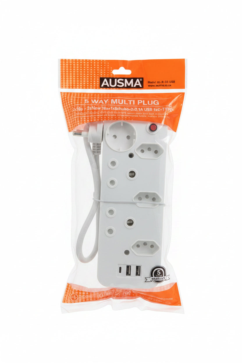Ausma 5 Way Multiplug 2x16A 3x16a 1x Schuko 2x usb 1x C-Type