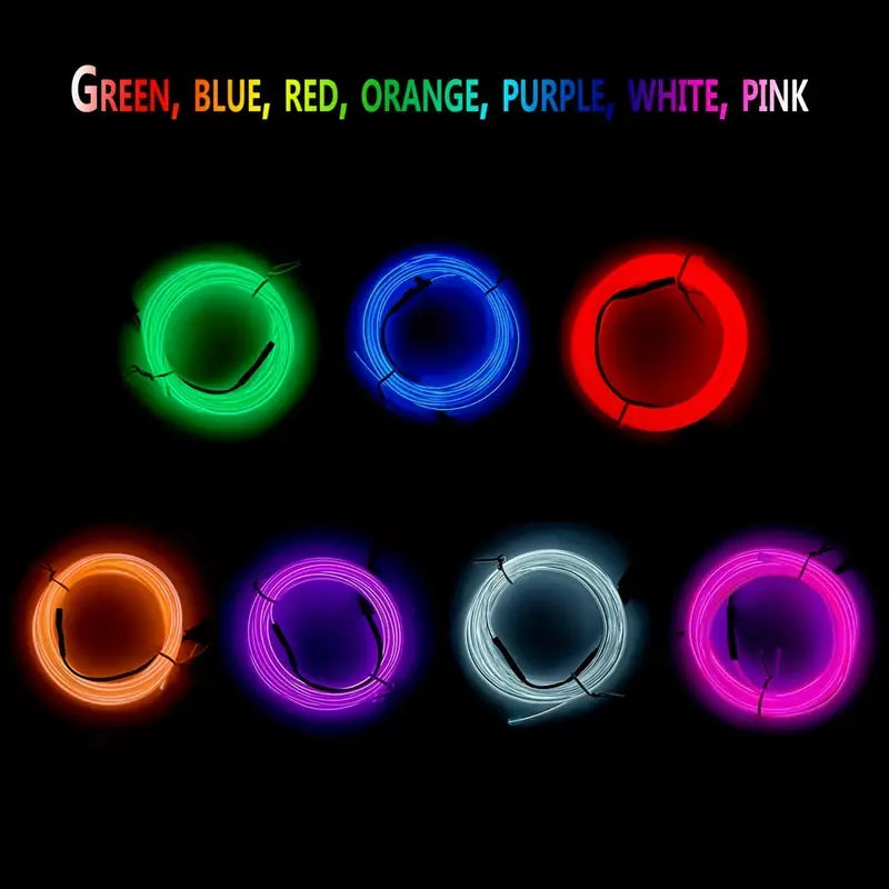 Electroluminescent Strip Light 7 Pack, 3Meter Neon Light El Wire W/Battery Pack (Green, Blue, Red, Orange, Purple, White, Pink)