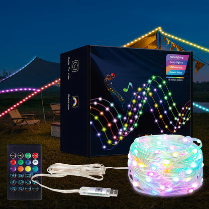Colorful RGBIC leather wire smart fairy lights controlled via app, featuring vibrant lighting for decorative indoor or outdoor use.