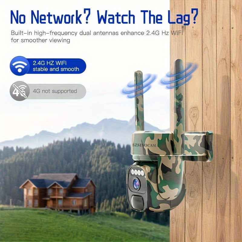 Temu 2.4G WIFI solar security camera in camouflage, outdoor monitoring with 360° tilt and 2-way talk.