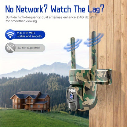 Temu 2.4G WIFI solar security camera in camouflage, outdoor monitoring with 360° tilt and 2-way talk.