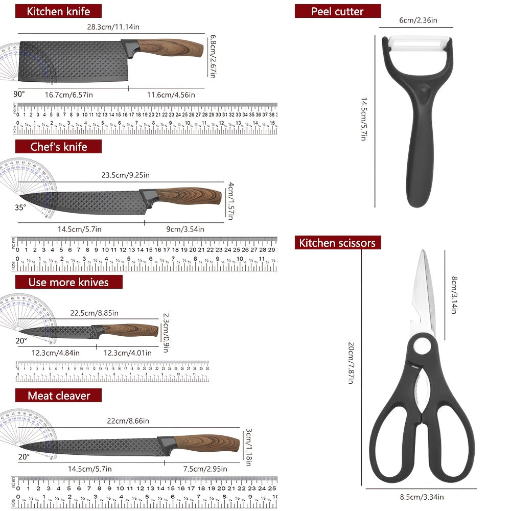 Six stainless steel kitchen knives in a black knife block, part of the Temu 6-piece household knife set on a countertop.