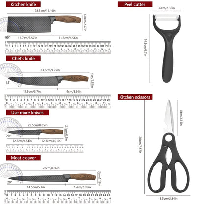 Six stainless steel kitchen knives in a black knife block, part of the Temu 6-piece household knife set on a countertop.