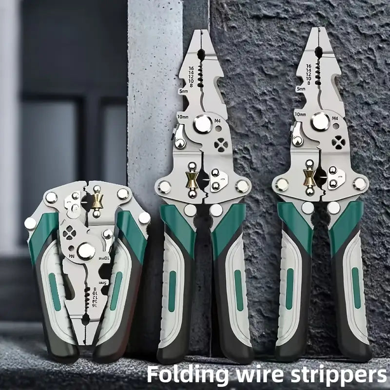 Collapsible Wire Stripping Pliers – Multi-Function Electrician Tool with Crimping, Cutting, and Wrench Features