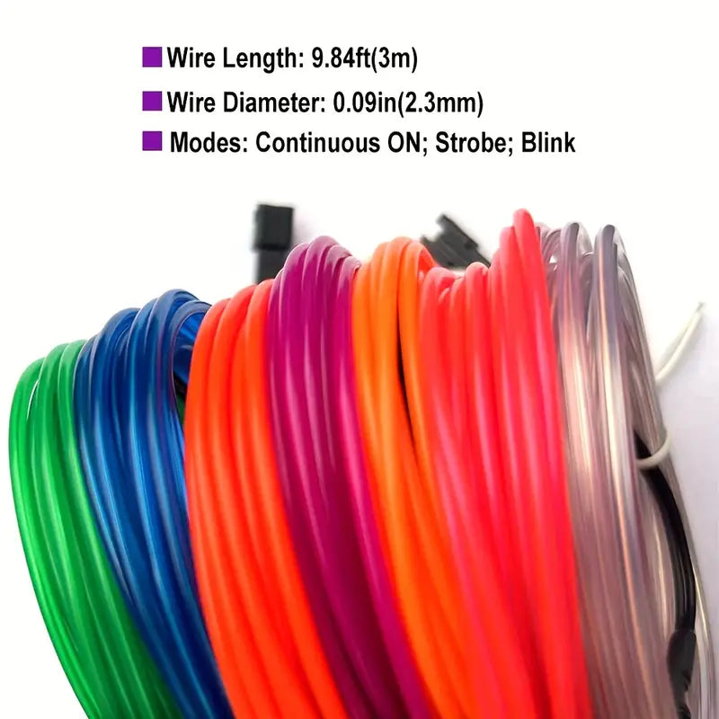 Electroluminescent Strip Light 7 Pack, 3Meter Neon Light El Wire W/Battery Pack (Green, Blue, Red, Orange, Purple, White, Pink)