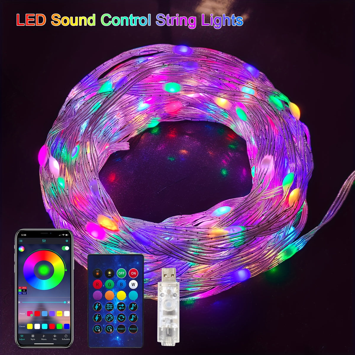 Colorful RGBIC leather wire smart fairy lights by Temu with app control, showcasing vibrant, flexible LED string lights for decorative use.