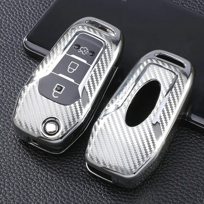 1pc Silicone Carbon Look Car Key Case Cover For Ford Vehicles