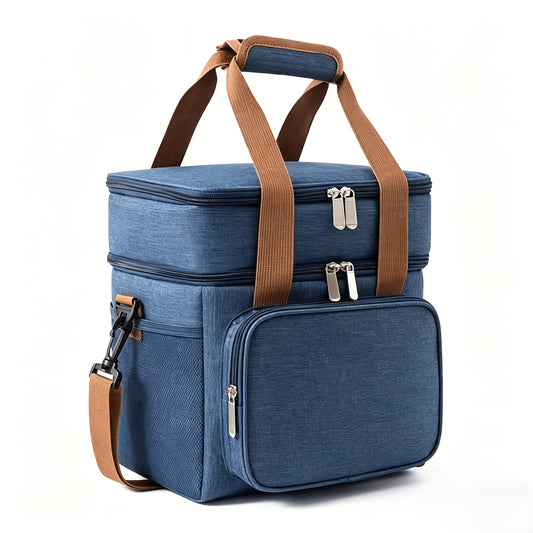 Temu large insulated lunch and cooler tote box with two-tier design, showing its spacious, insulated interior and durable exterior.