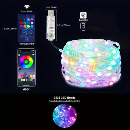 RGBIC smart fairy lights by Temu featuring colorful leather wire and app control, illuminated with vibrant, multicolor LED strands.