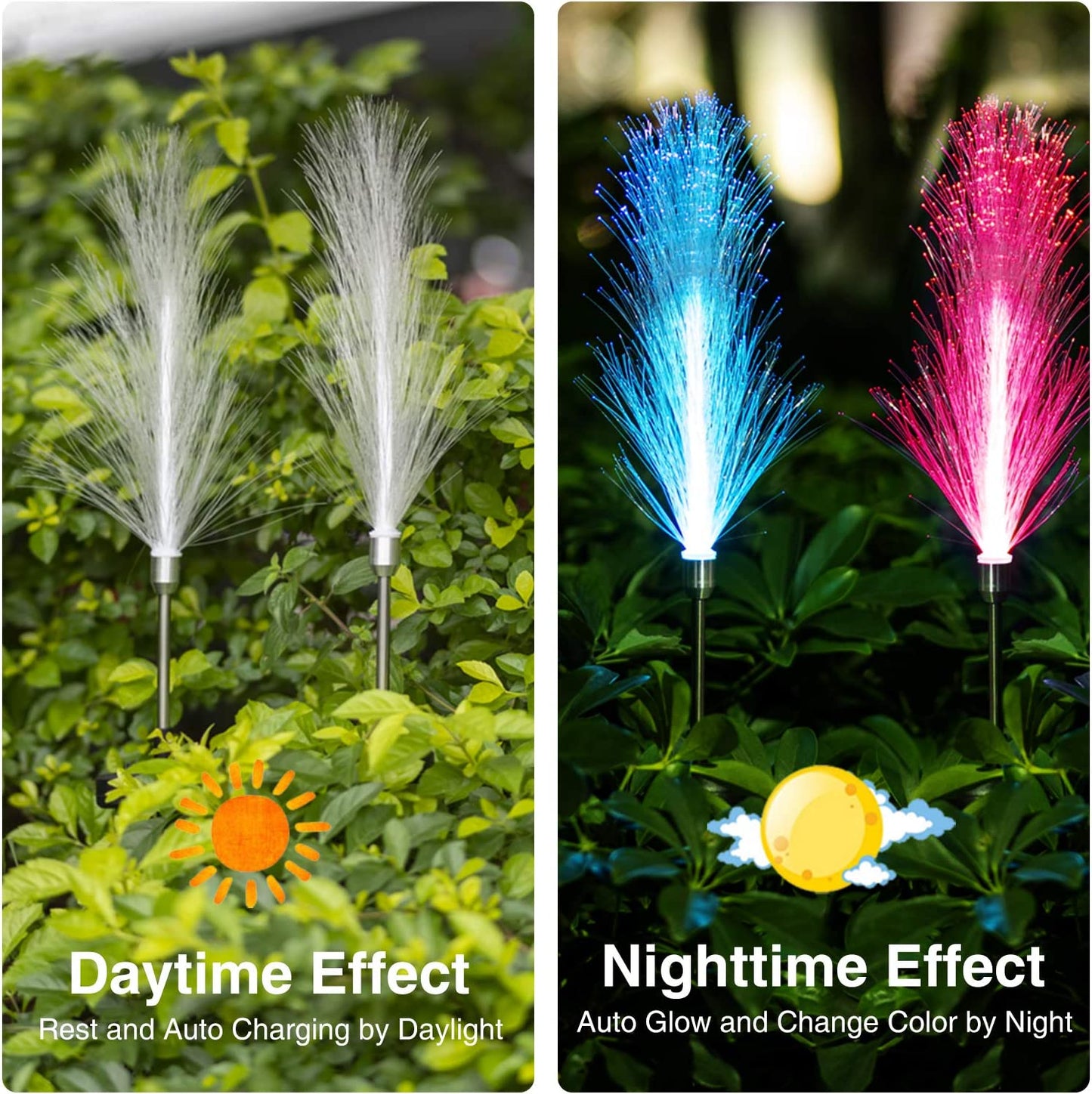 Colour Solar Powered Triple Layer Fiber Optic Lights - 2pcs Set for Outdoor Garden Decoration