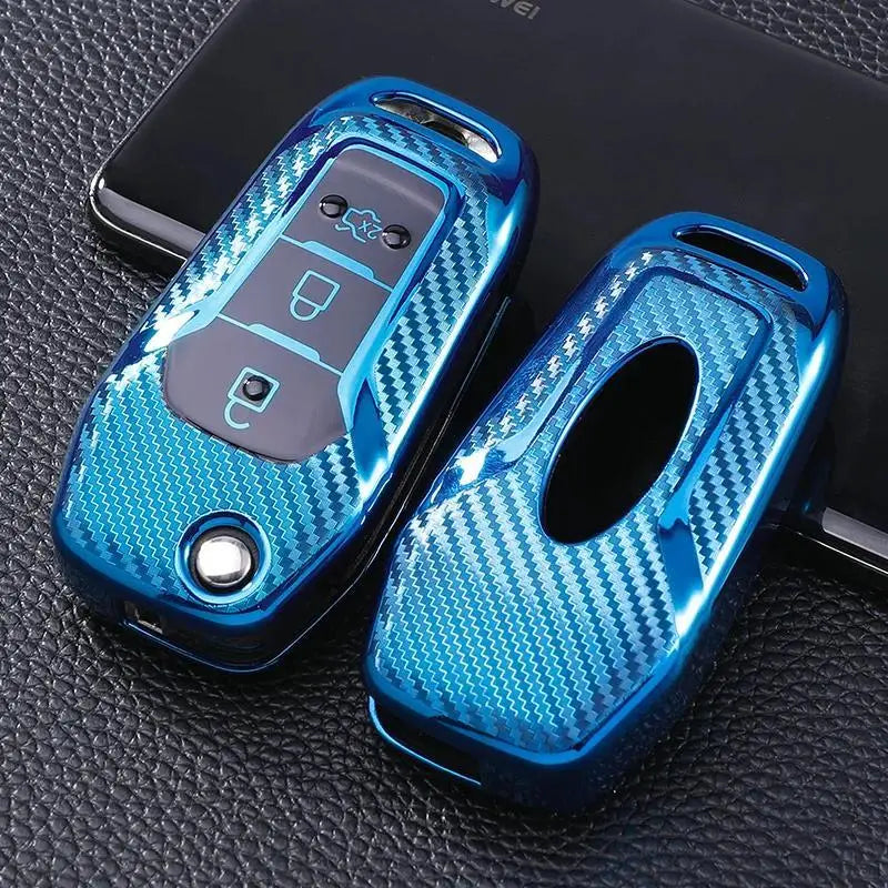 1pc Silicone Carbon Look Car Key Case Cover For Ford Vehicles