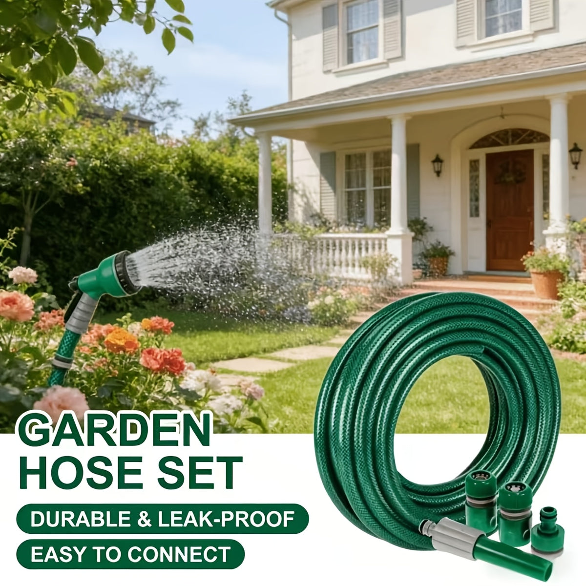 Temu heavy-duty garden hose set with quick connector, flexible and durable garden watering tool, coiled hose ready for outdoor use.