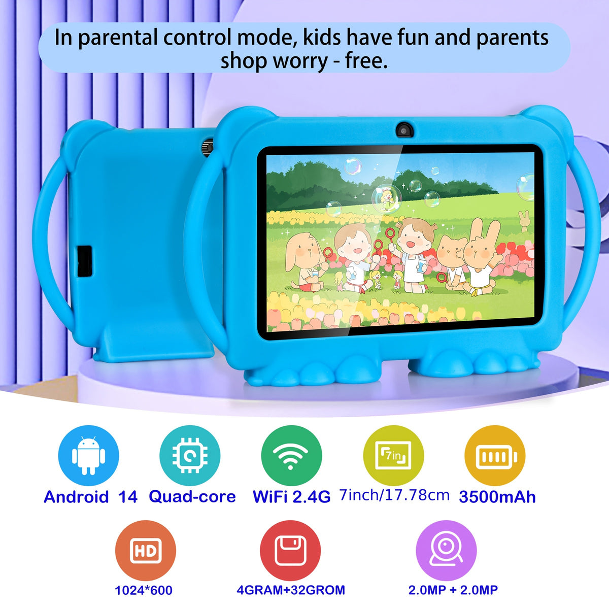 ITMEIPC 7-inch Android 14 Tablet with Protective Case, 4GB (2GB + 2GB