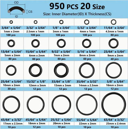 950pcs Rubber O Ring Kit