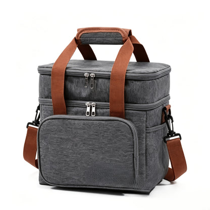 Temu large insulated lunch and cooler tote box with two-tier design, showing the sturdy exterior and secure zipper closure.