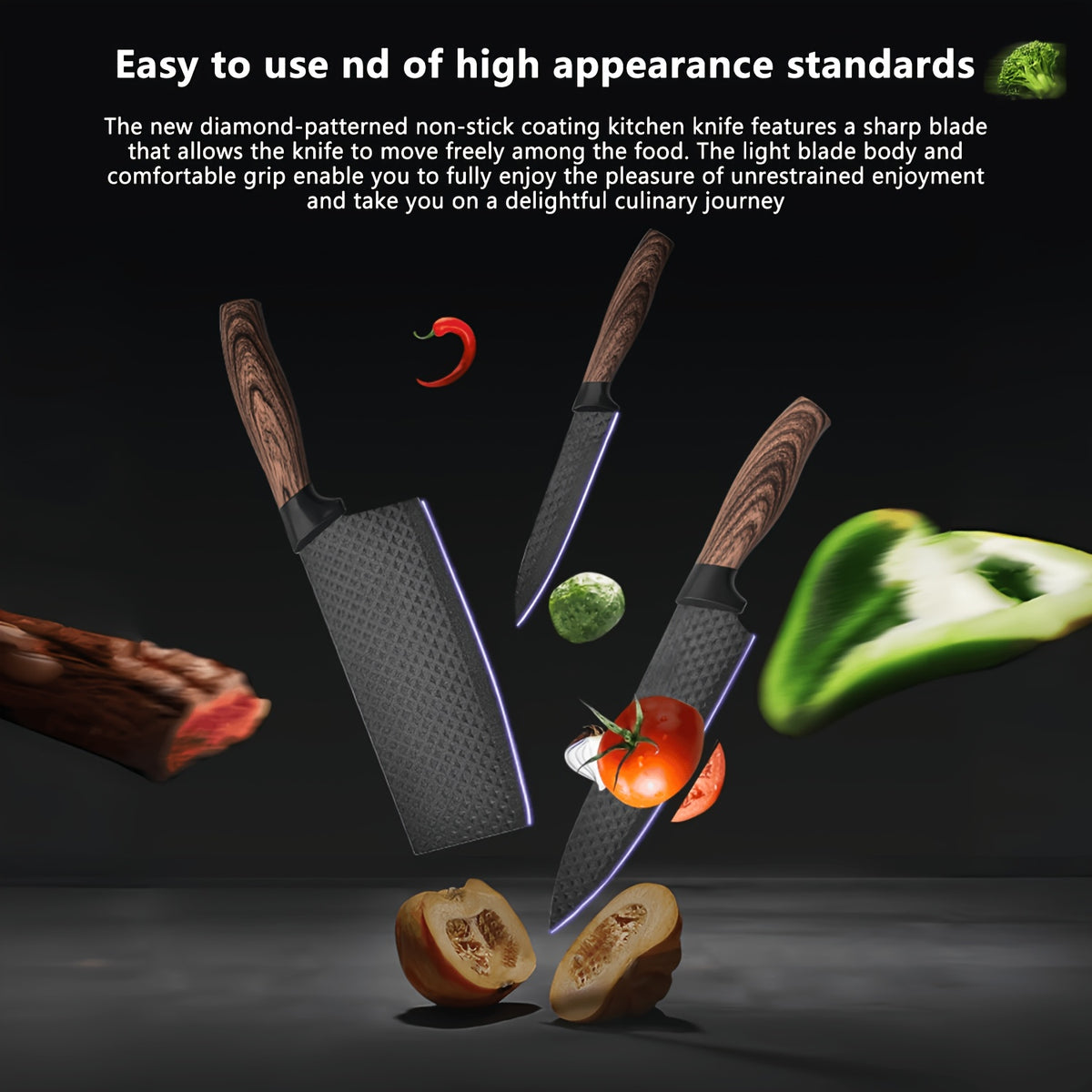 Six stainless steel kitchen knives in a set, including various blade sizes, displayed with black handles on a wooden surface.