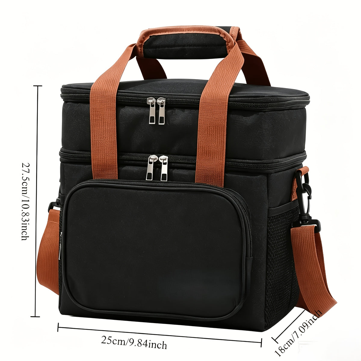 Temu large insulated lunch and cooler tote box with two-tier design, showing its sturdy handle and spacious compartments.